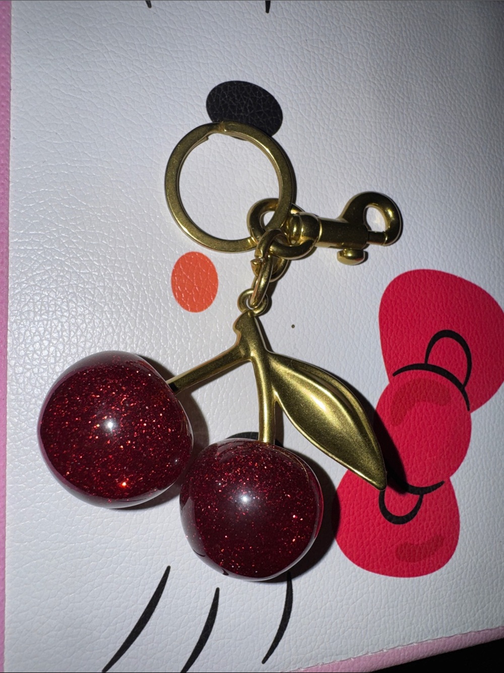 Gold Cherry Keychain with Red Glitter Charms